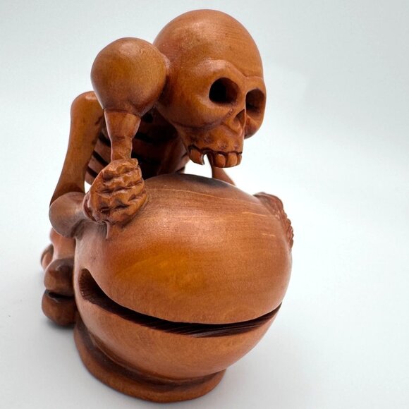 Netsuke Large Skeleton Playing Drum Hardwood Carving Sculpture Japanese Vintage - Picture 8 of 11